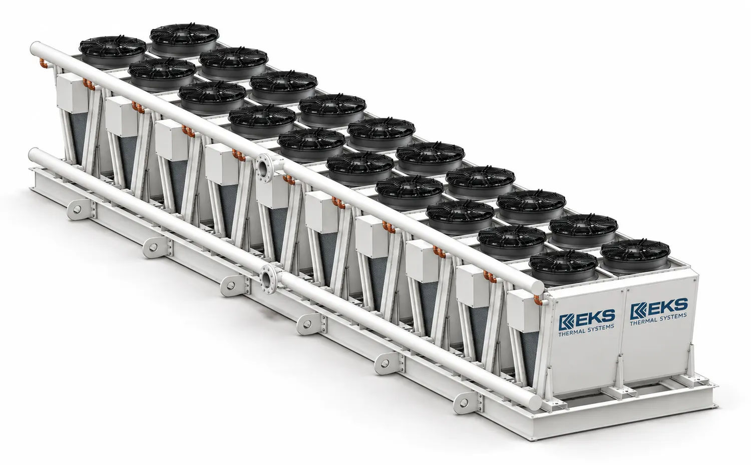 EKS twenty-fan dry cooler with V-shaped coil banks, structural steel base, and flanged headers; photorealistic rendering